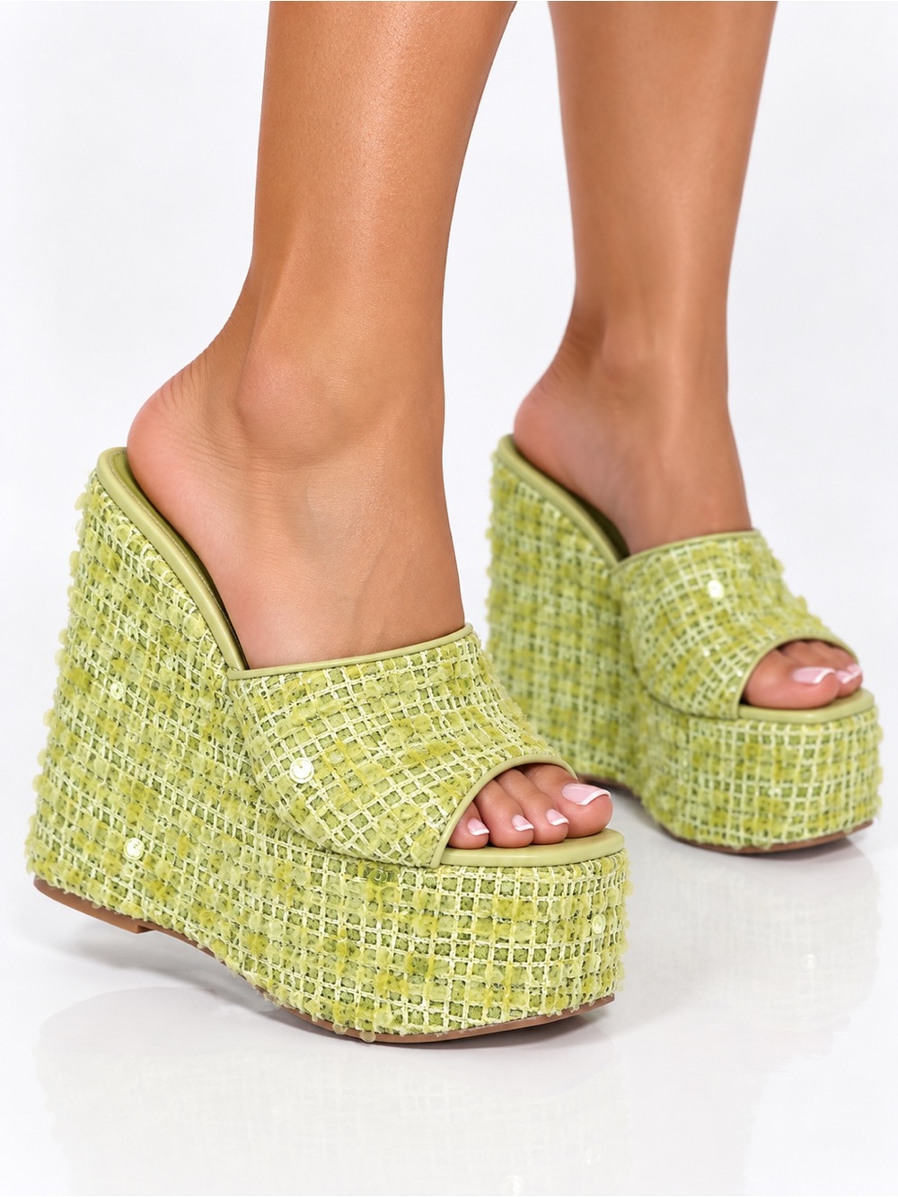 Azalea Wang Betsey Yellow Sequin Platform Wedge Sandals NIB